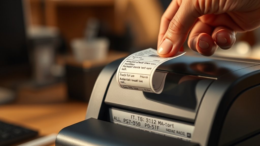 A desktop thermal label printer producing a roll of asset labels beside a laptop on a clean desk