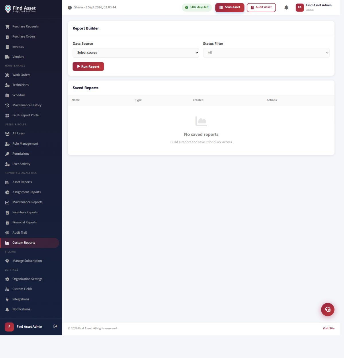 Find Asset's Custom Reports screen