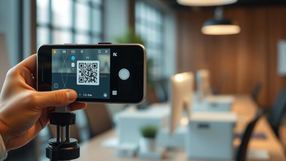 A close-up of an asset label carrying both a QR code and a printed identifier on a piece of office equipment.