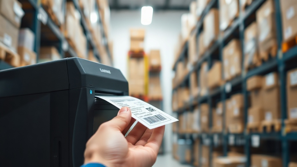 A UHF RFID smart label being encoded and printed on a desktop label printer in a stockroom.