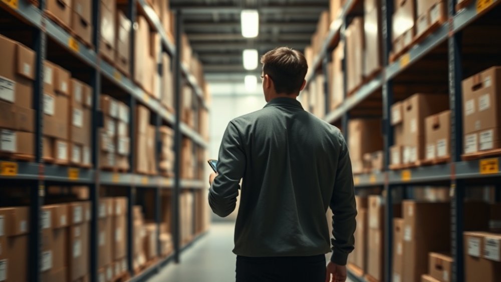 A worker uses a handheld RFID reader to scan a shelf of boxed inventory without touching each item.