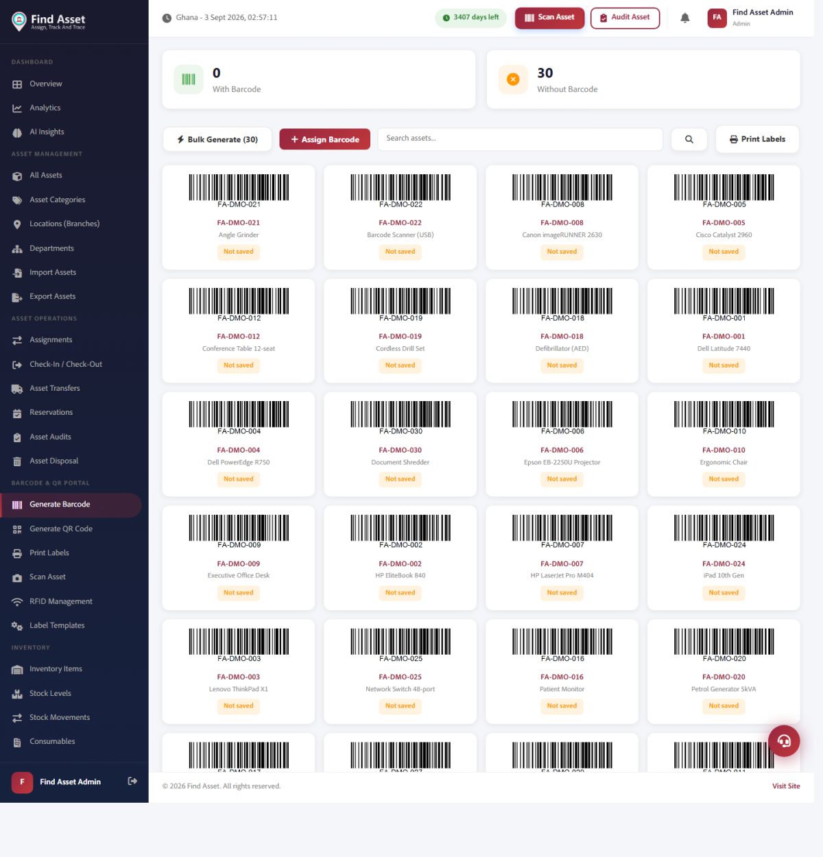 Find Asset's barcode generator screen