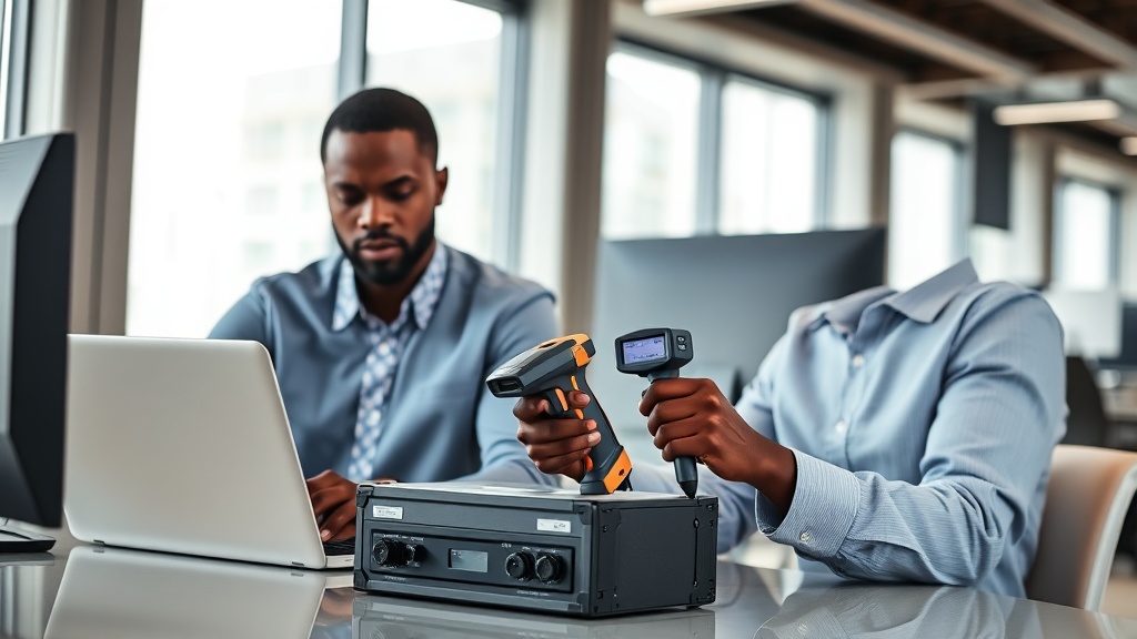 A team lead reviews role assignments on a laptop while a colleague scans an asset tag nearby.