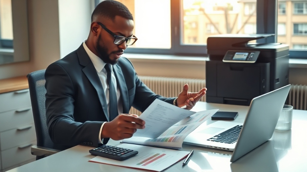 An office manager compares equipment running costs at a desk, weighing more than just the purchase price.