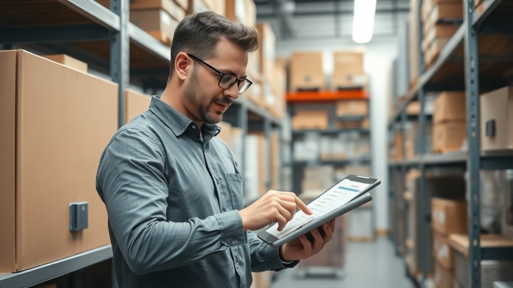 A finance officer scanning an asset tag with a phone to verify it against the register during a routine count.