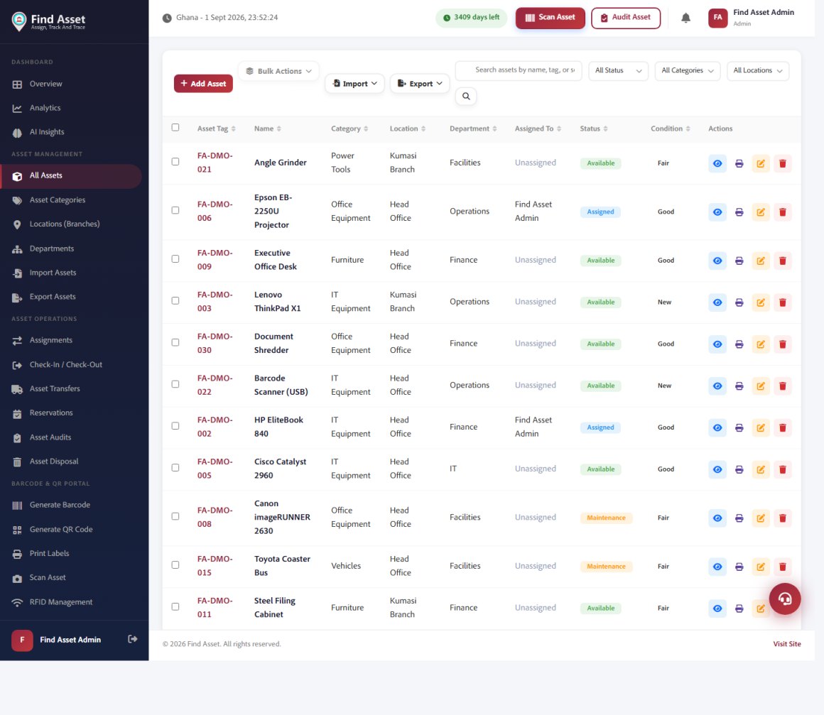 The Find Asset asset register listing items with tags, categories, locations, departments, assignees and status